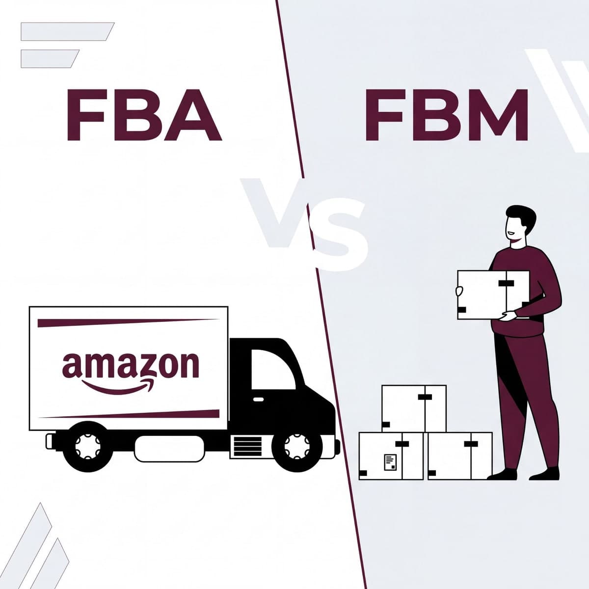 Comparaison FBA et FBM : d'un côté un camion Amazon qui livre à ta place, de l'autre un vendeur qui prépare et expédie lui-même ses colis
