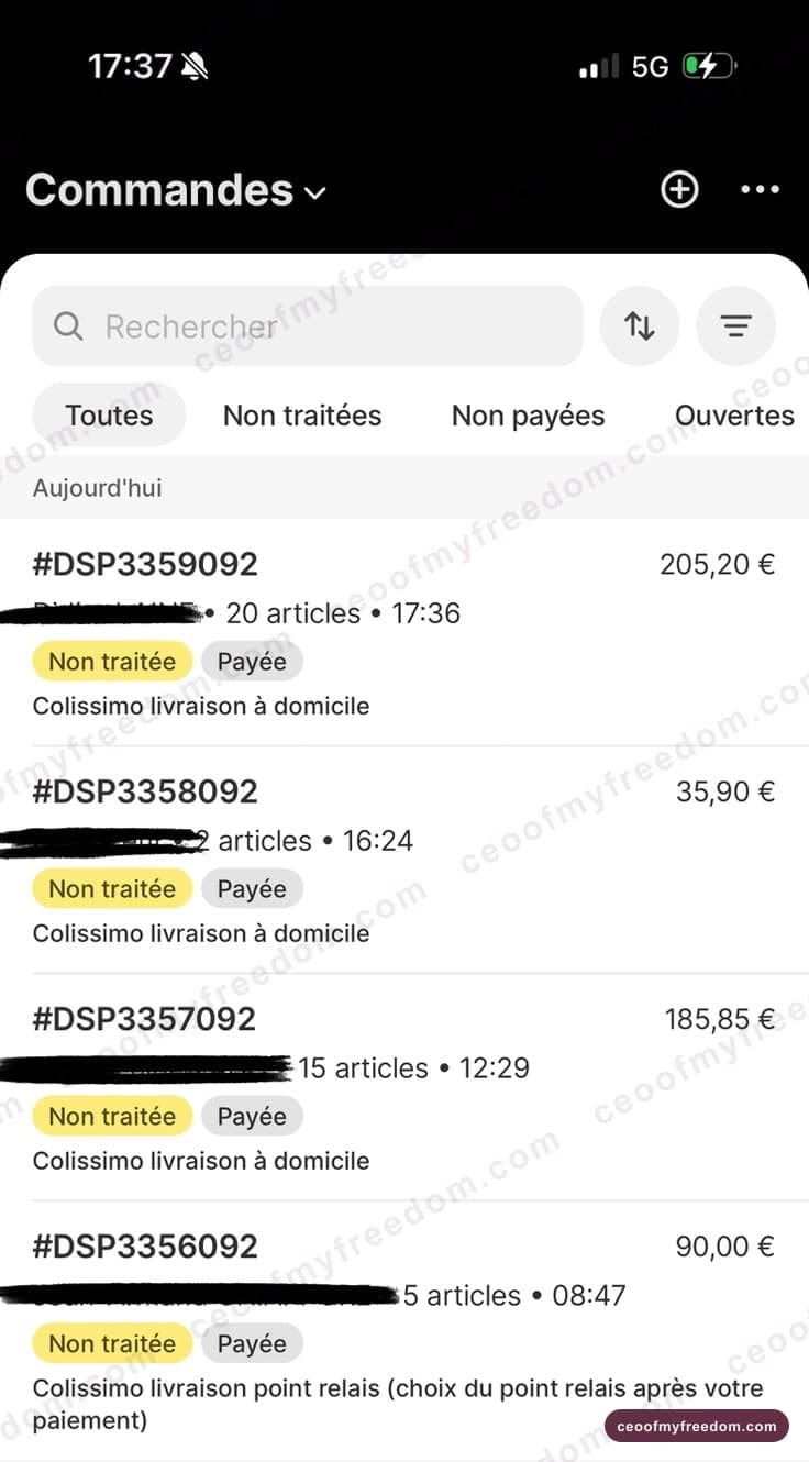 Commandes reçues sur ma boutique Shopify dans la journée, affichées dans l'application Shopify : 205,20 €, 35,90 €, 185,85 € et 90,00 €
